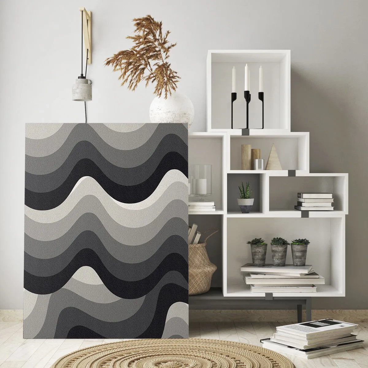 Quadro su vetro - Motivi ondulati in bianco e nero in tonalità di grigio - 80x120cm - Un'onda dopo l'altra - Decorazione murale moderna per soggiorno e camera da letto ARTTOR