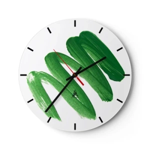 Orologio da parete - Orologio in Vetro - Pennellate verdi su sfondo bianco - 30x30cm - Scherzo verde - Decorazione murale moderna per soggiorno, cucina e camera da letto ARTTOR