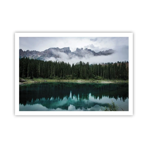 Poster - Un paesaggio montano con una foresta e un lago che riflette il cielo - 100x70cm - Silenzio, non svegliamo l'acqua che dorme... - Decorazione murale moderna per soggiorno e camera da letto ARTTOR