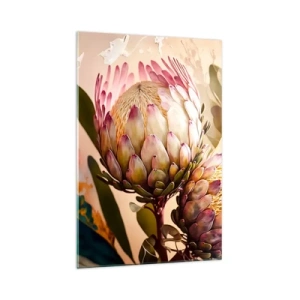 Quadro su vetro - Fiori di protea colorati su uno sfondo delicato - 70x100cm - Tenero abbraccio - Decorazione murale moderna per soggiorno e camera da letto ARTTOR