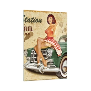 Quadro su vetro - Poster retrò della Route 66 con ragazza pin-up e macchina - 70x100cm - I fantastici anni '40 - Decorazione murale moderna per soggiorno e camera da letto ARTTOR