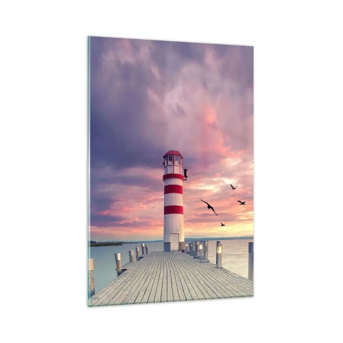 Quadro su vetro - Un faro sul molo circondato da un pittoresco tramonto - 80x120cm - Tempo di tornare in porto - Decorazione murale moderna per soggiorno e camera da letto ARTTOR