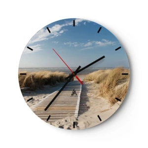 Orologio da parete - Orologio in Vetro - Sentiero in legno sulla spiaggia con vista sul mare - 30x30cm - Dopo la duna, nel fruscio dell'erba - Decorazione murale moderna per soggiorno, cucina e camera da letto ARTTOR