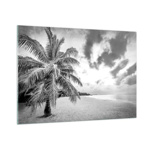 Quadro su vetro - Una palma bianca e nera su una spiaggia deserta con un cielo nuvoloso. - 100x70cm - Quando hai nostalgia della solitudine... - Decorazione murale moderna per soggiorno e camera da letto ARTTOR