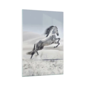 Quadro su vetro - Un cavallo bianco al galoppo sullo sfondo delle dune del deserto - 70x100cm - Il principe arabo - Decorazione murale moderna per soggiorno e camera da letto ARTTOR