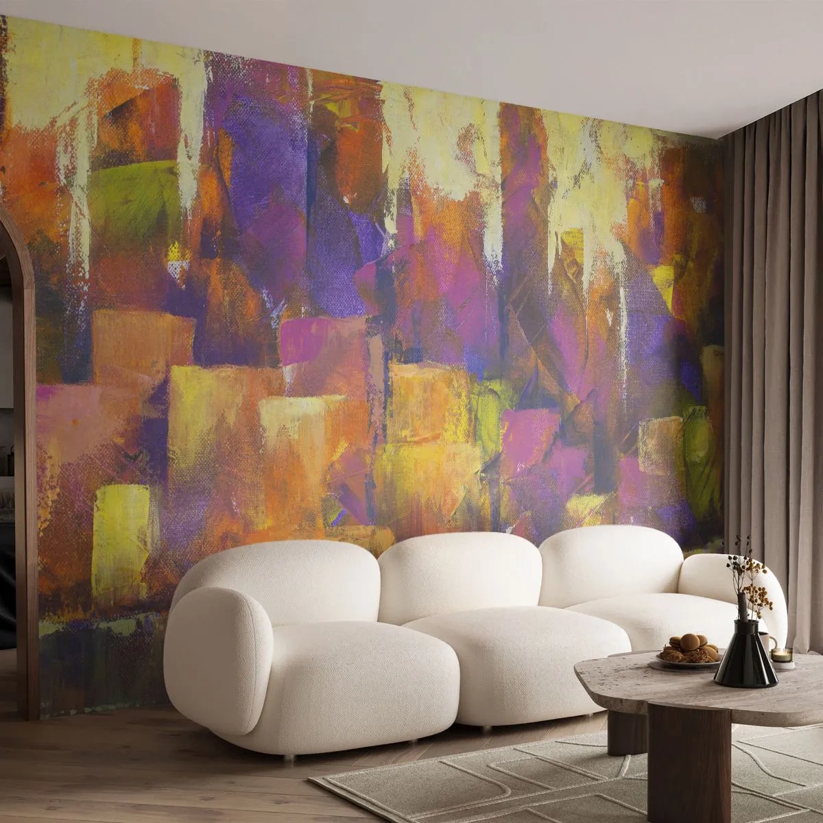 Fotomurali Premium Sand - Una città astratta nei toni del viola, dell'arancione e dell'oro. - 100x70cm - Composizione metropolitana - Decorazione murale moderna per soggiorno e camera da letto ARTTOR