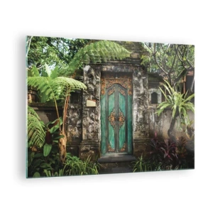 Quadro su vetro - Porta turchese decorata in un muro di pietra circondato da vegetazione tropicale - 70x50cm - Le porte verso un mondo esotico - Decorazione murale moderna per soggiorno e camera da letto ARTTOR