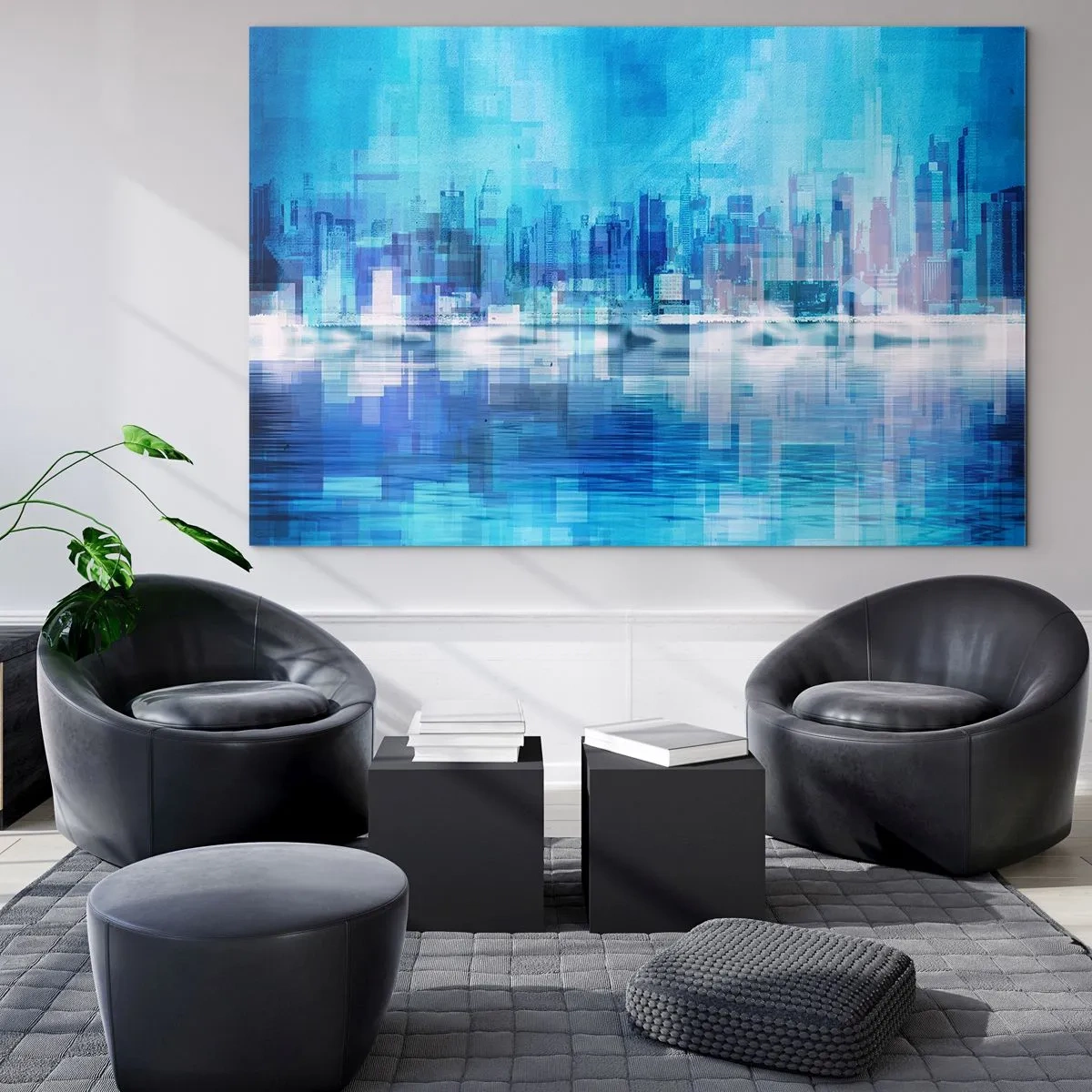 Quadro su vetro - Un panorama urbano moderno nei toni del blu - 120x80cm - Immersi nel blu - Decorazione murale moderna per soggiorno e camera da letto ARTTOR