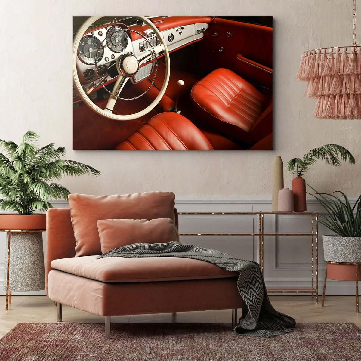 Quadro su tela - Stampe su Tela - Interni di auto d'epoca con sedili in pelle rossa - 120x80cm - Lusso in stile vintage - Decorazione murale moderna per soggiorno e camera da letto ARTTOR