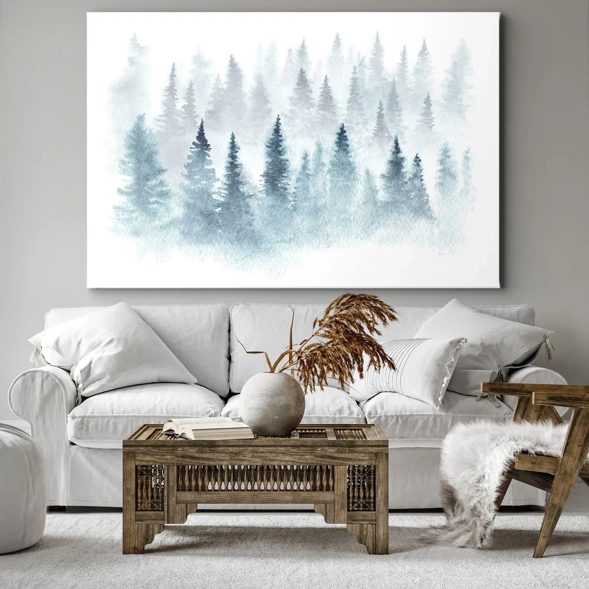 Quadro su tela - Stampe su Tela - Foreste di conifere immerse in una delicata nebbia - 100x70cm - Avvolti nella nebbia - Decorazione murale moderna per soggiorno e camera da letto ARTTOR