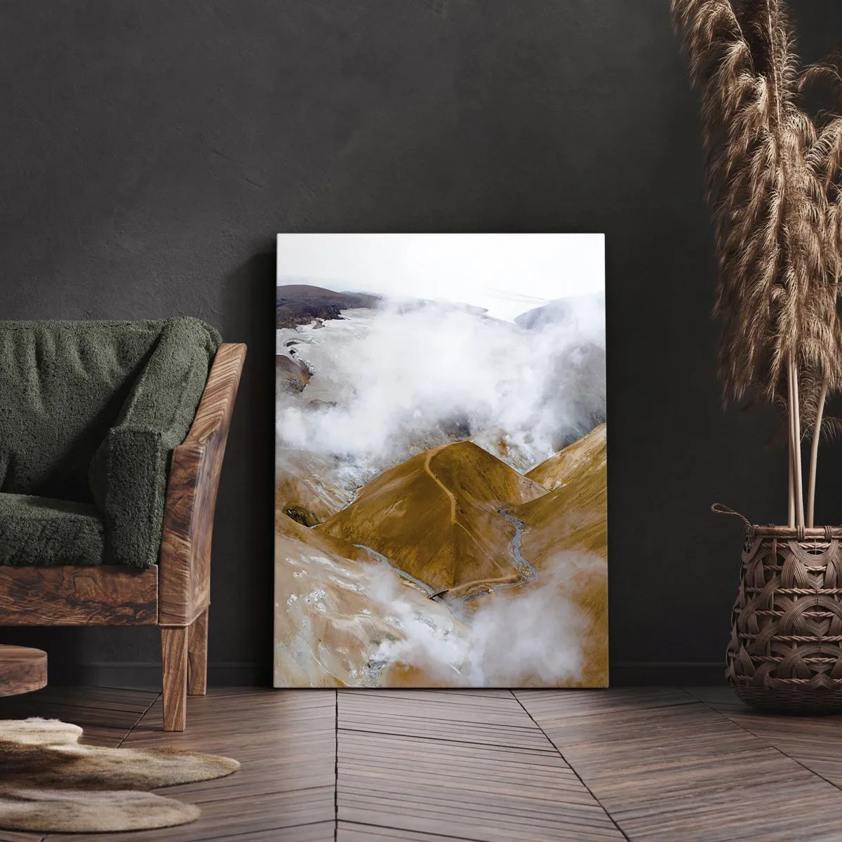 Quadro su tela - Stampe su Tela - Un paesaggio montano con vapore in un clima rigido - 50x70cm - La bellezza severa dell'Islanda - Decorazione murale moderna per soggiorno e camera da letto ARTTOR