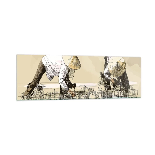 Quadro su vetro - Contadini che lavorano in una risaia indossando copricapi tradizionali - 160x50cm - Buon raccolto - Decorazione murale moderna per soggiorno e camera da letto ARTTOR
