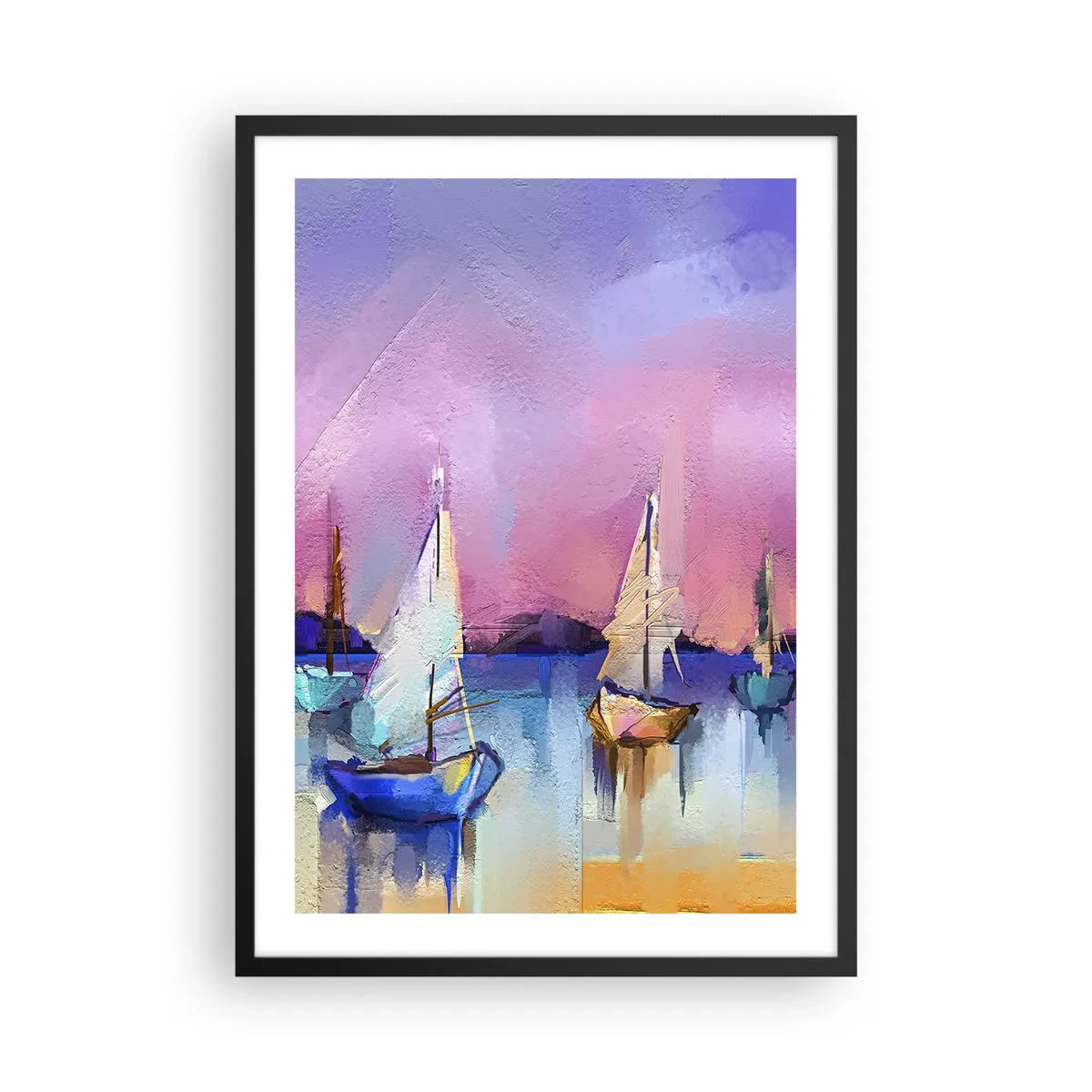 Poster in cornice nera - Barche a vela astratte su uno sfondo colorato - 50x70cm - Direzione: mare aperto - Decorazione murale moderna per soggiorno e camera da letto ARTTOR