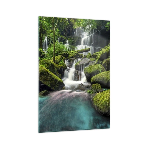 Quadro su vetro - Una cascata tropicale circondata dal verde e dall'acqua turchese - 70x100cm - Turchese, zaffiro e argento liquido - Decorazione murale moderna per soggiorno e camera da letto ARTTOR