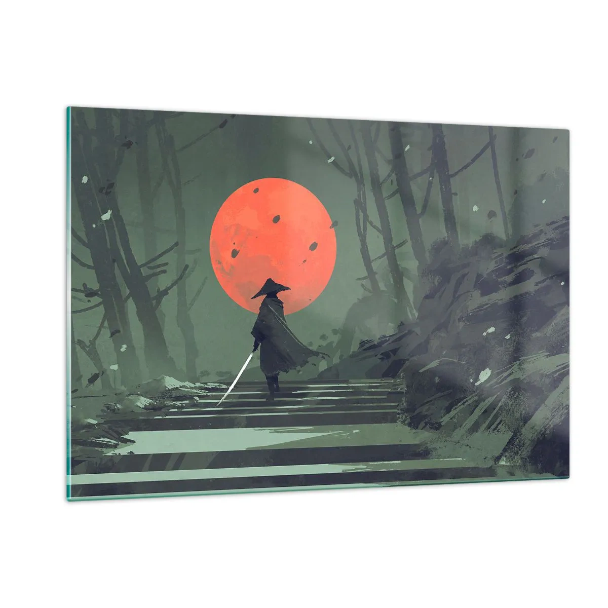 Quadro su vetro - Un guerriero solitario con una spada nella foresta, sullo sfondo una luna rossa. - 120x80cm - Il guerriero della luna rossa - Decorazione murale moderna per soggiorno e camera da letto ARTTOR