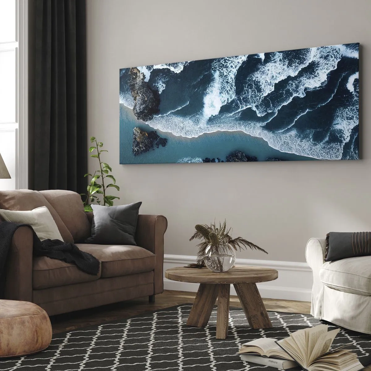 Quadro su tela - Stampe su Tela - Vista aerea delle onde che si infrangono sulla riva - 120x50cm - Avvolte dalle onde - Decorazione murale moderna per soggiorno e camera da letto ARTTOR