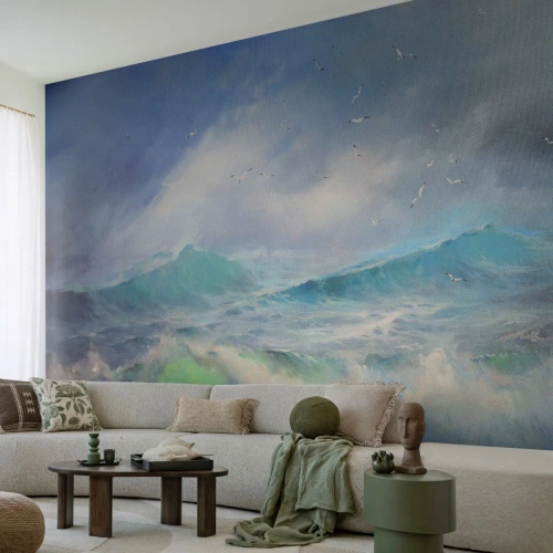 Fotomurali Premium Sand - Potenti onde oceaniche in un ambiente tempestoso - 100x70cm - Il turbine ululò di trionfo... - Decorazione murale moderna per soggiorno e camera da letto ARTTOR