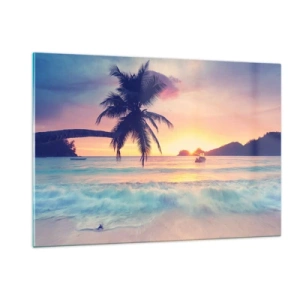 Quadro su vetro - Spiaggia di palme al tramonto con una barca all'orizzonte - 120x80cm - Sera nell'insenatura - Decorazione murale moderna per soggiorno e camera da letto ARTTOR