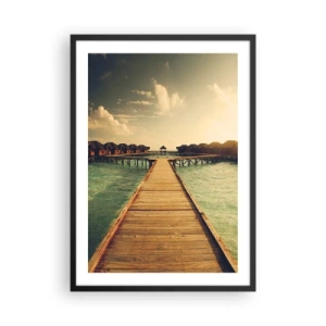 Poster in cornice nera - Molo di legno che conduce alle case sull'acqua al tramonto - 50x70cm - Caldo invito - Decorazione murale moderna per soggiorno e camera da letto ARTTOR