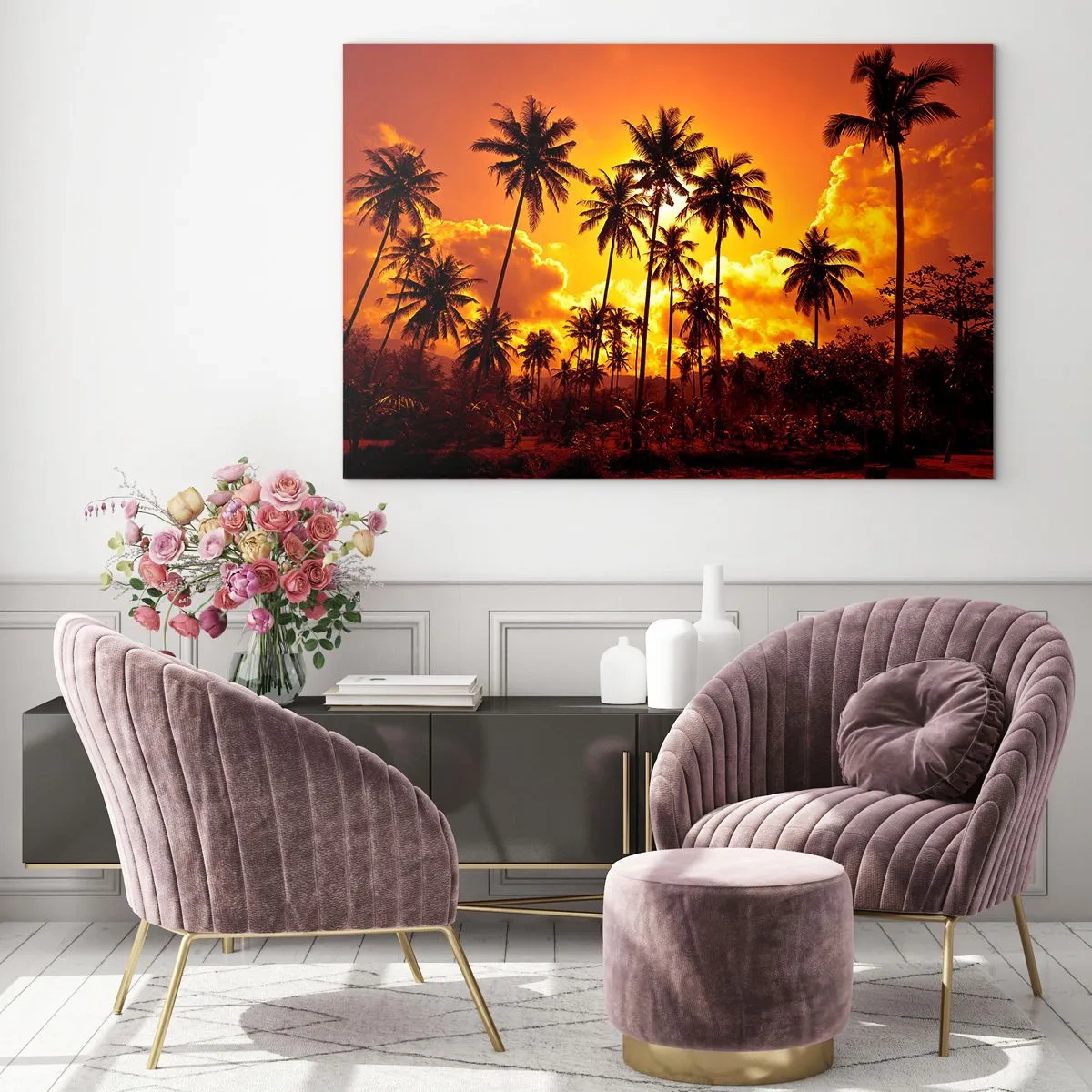 Quadro su vetro - Palme sullo sfondo di un tramonto infuocato - 120x80cm - Bruciano i monti, bruciano i boschi - Decorazione murale moderna per soggiorno e camera da letto ARTTOR