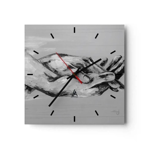 Orologio da parete - Orologio in Vetro - Composizione in bianco e nero di due mani giunte su uno sfondo chiaro. - 30x30cm - Inizio... - Decorazione murale moderna per soggiorno e camera da letto ARTTOR