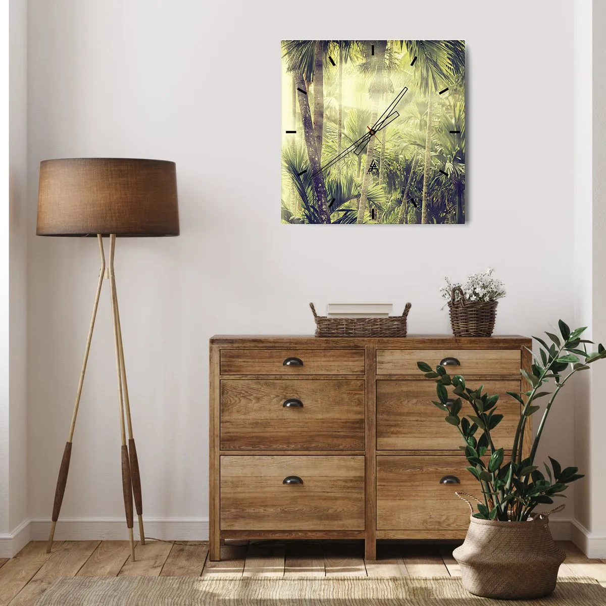 Orologio da parete - Orologio in Vetro - Raggi di sole in una foresta tropicale di palme - 30x30cm - Nell'afa verde - Decorazione murale moderna per soggiorno e camera da letto ARTTOR