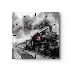 Orologio da parete - Orologio in Vetro - Una locomotiva a vapore bianca e nera sullo sfondo di un paesaggio montano - 30x30cm - Ferma alla stazione... - Decorazione murale moderna per soggiorno e camera da letto ARTTOR