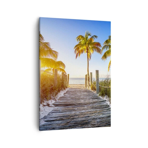 Quadro su tela - Stampe su Tela - Sentiero in legno sulla spiaggia con palme sullo sfondo - 50x70cm - Dritto in paradiso - Decorazione murale moderna per soggiorno e camera da letto ARTTOR