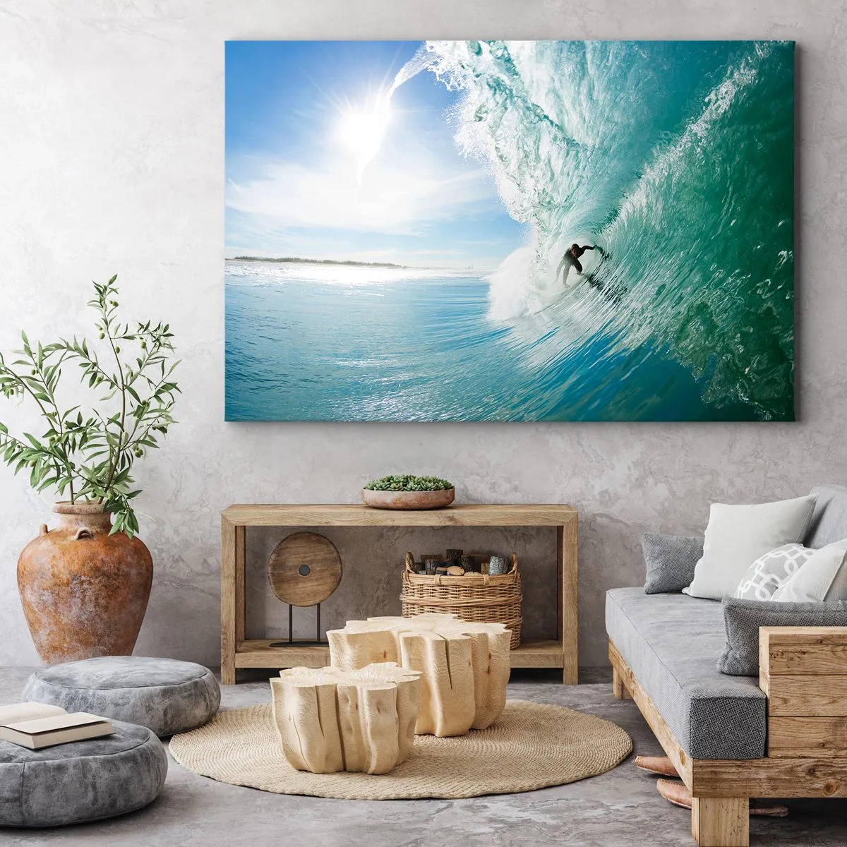 Quadro su tela - Stampe su Tela - Un surfista cavalca un'onda alla luce del sole contro un cielo blu - 70x50cm - Sempre sull'onda - Decorazione murale moderna per soggiorno e camera da letto ARTTOR