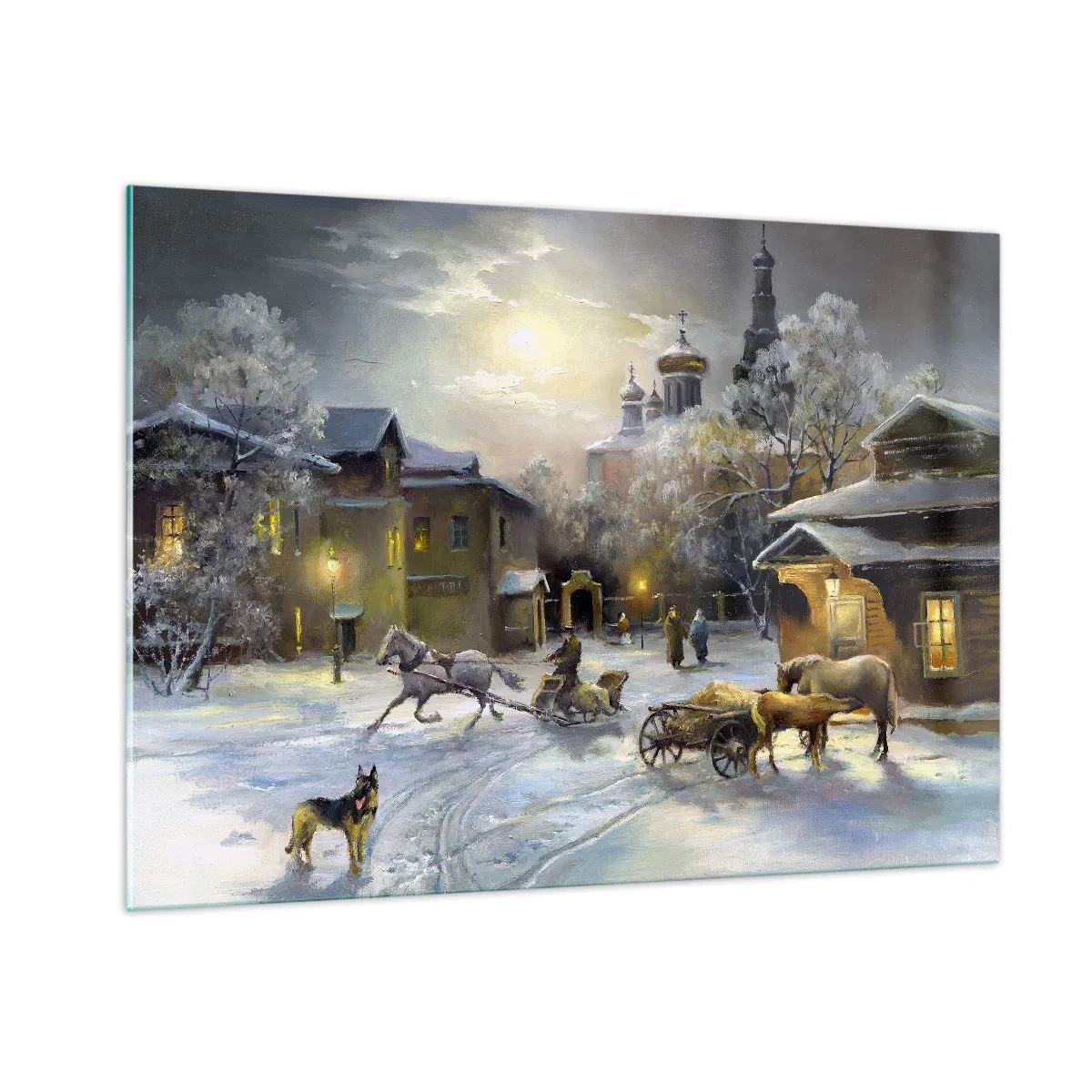 Quadro su vetro - Paesaggio urbano invernale illuminato dalla luce della luna - 100x70cm - La magia dell'inverno russo - Decorazione murale moderna per soggiorno e camera da letto ARTTOR