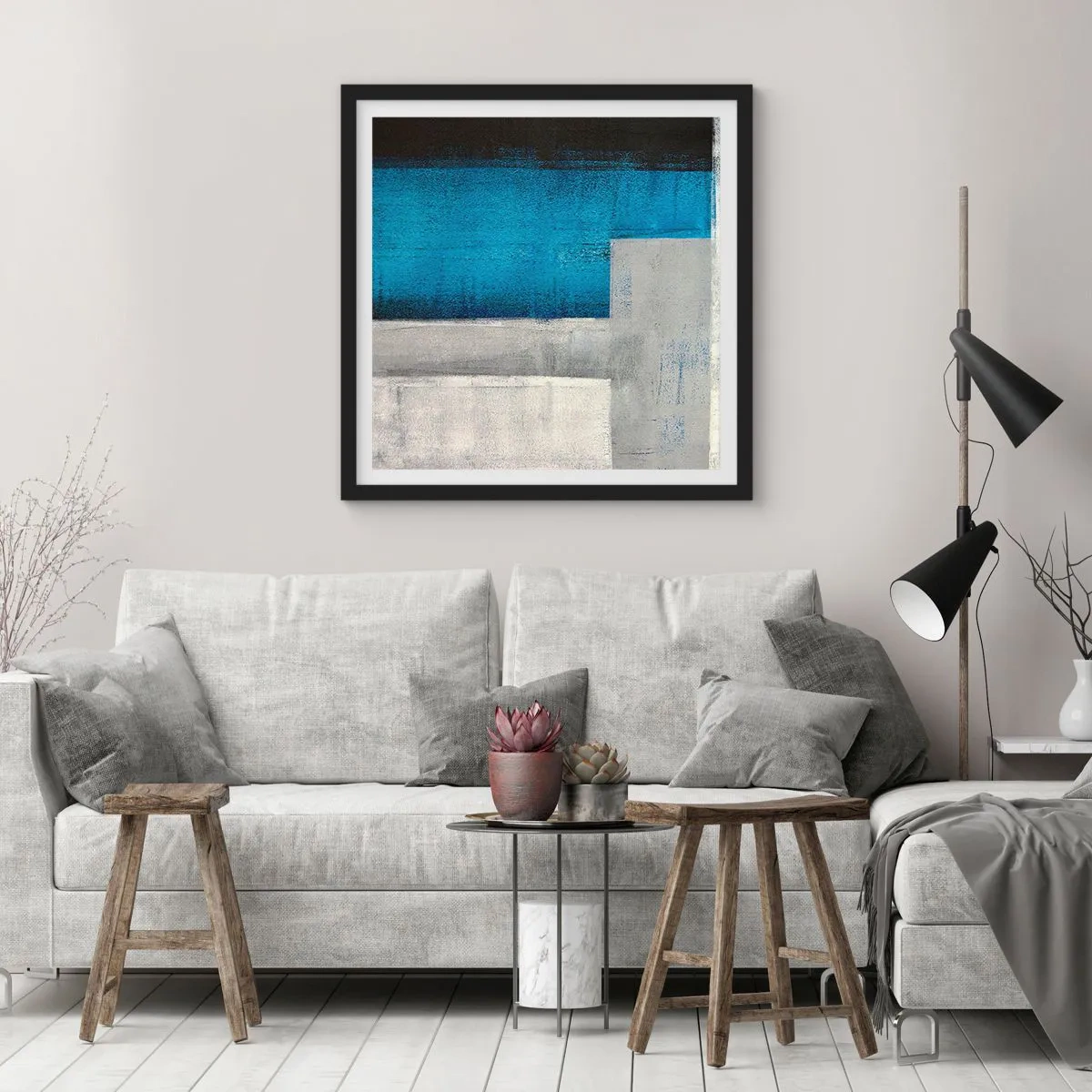 Poster in cornice nera - Composizione poetica in grigio e blu - 30x30 cm