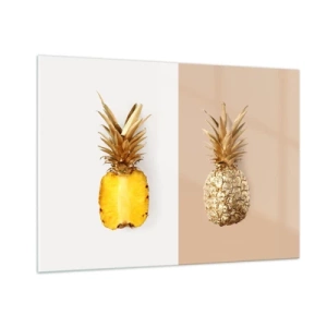 Quadro su vetro - Un ananas tagliato a fette e dorato su due sfondi contrastanti - 100x70cm - Ananas per due - Decorazione murale moderna per soggiorno e camera da letto ARTTOR