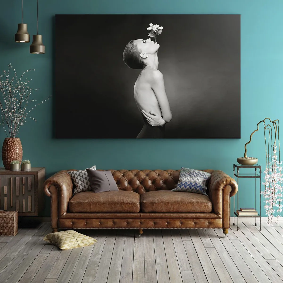 Quadro su tela - Stampe su Tela - Silhouette in bianco e nero di una donna con un fiore - 120x80cm - Eleganza eccentrica - Decorazione murale moderna per soggiorno e camera da letto ARTTOR