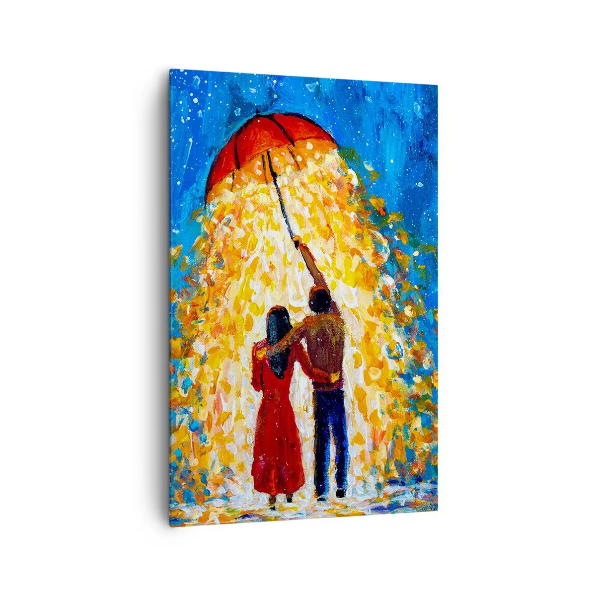 Quadro su tela - Stampe su Tela - Una coppia sotto un ombrello rosso sotto la pioggia luminosa - 80x120cm - La magia di una sera piovosa? - Decorazione murale moderna per soggiorno e camera da letto ARTTOR