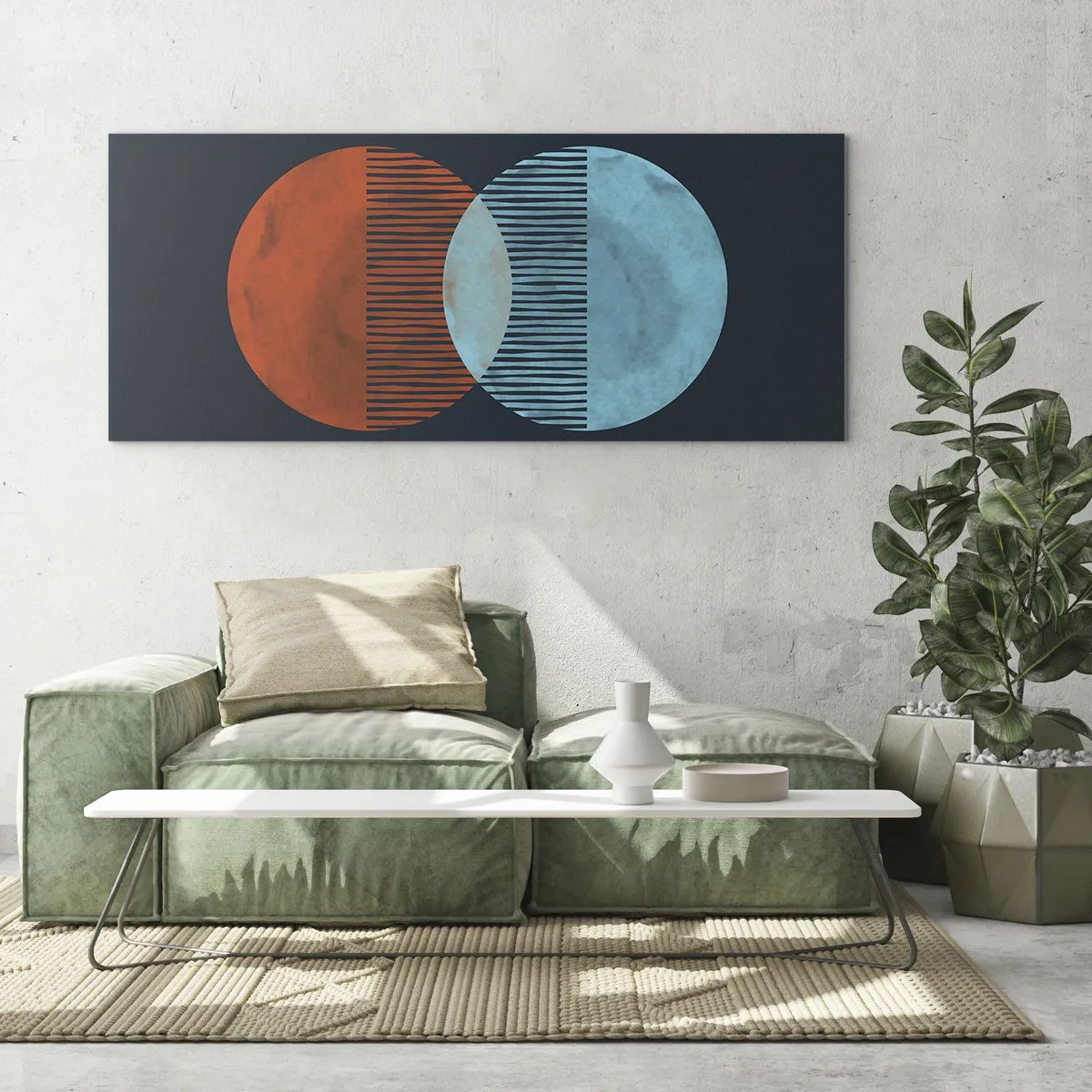 Quadro su vetro - Due cerchi arancioni e blu su uno sfondo scuro - 120x50cm - Fantasia astronomica - Decorazione murale moderna per soggiorno e camera da letto ARTTOR