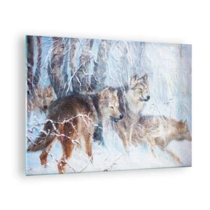 Quadro su vetro - Tre lupi in una foresta invernale circondata dalla neve - 70x50cm - Attenzione! In arrivo... - Decorazione murale moderna per soggiorno e camera da letto ARTTOR