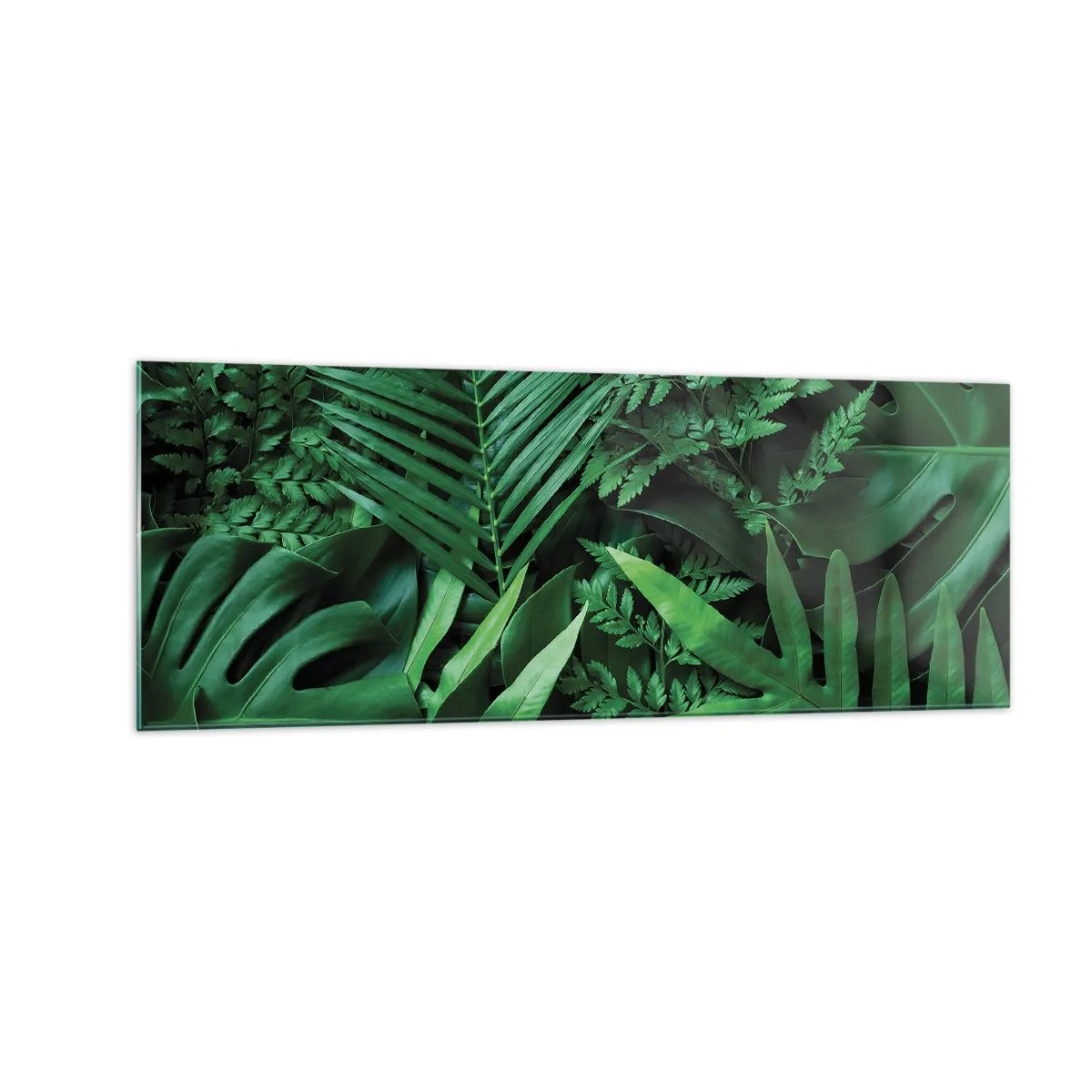 Quadro su vetro - Foglie tropicali verdi in una composizione densa e naturale - 140x50cm - Avvolti nel verde - Decorazione murale moderna per soggiorno e camera da letto ARTTOR