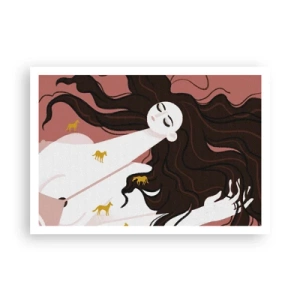 Poster - Una figura con gli occhi chiusi circondata da cavalli dorati - 100x70cm - Il sogno del cavallo d'oro - Decorazione murale moderna per soggiorno e camera da letto ARTTOR