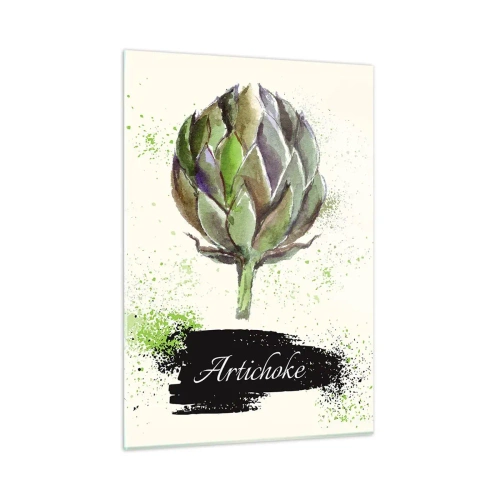 Quadro su vetro - Grafica di carciofo ad acquerello con la parola Carciofo scritta sopra - 50x70cm - Evviva la verdura! - Decorazione murale moderna per soggiorno e camera da letto ARTTOR