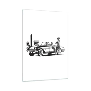 Quadro su vetro - Grafica creativa con un'auto classica e personaggi - 50x70cm - Anni '60: l'America spensierata - Decorazione murale moderna per soggiorno e camera da letto ARTTOR