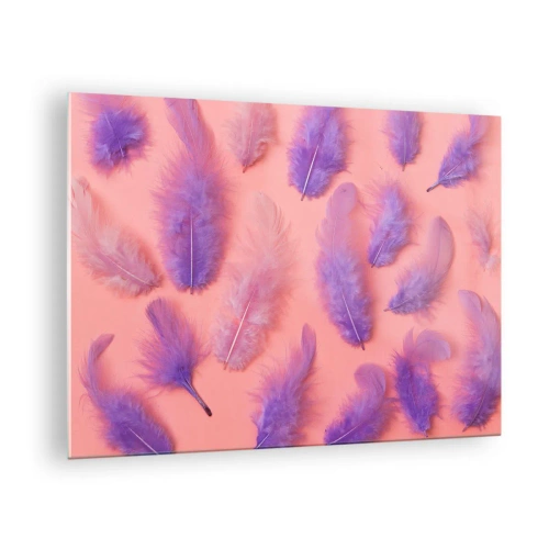 Quadro su vetro - Piume viola su sfondo rosa in una delicata composizione - 70x50cm - L'uccello lilla del desiderio - Decorazione murale moderna per soggiorno e camera da letto ARTTOR