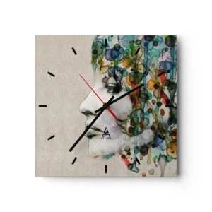 Orologio da parete - Orologio in Vetro - Profilo di una donna in colori acquerellati con uno sfondo astratto - 30x30cm - Emersa dal grigio - Decorazione murale moderna per soggiorno e camera da letto ARTTOR