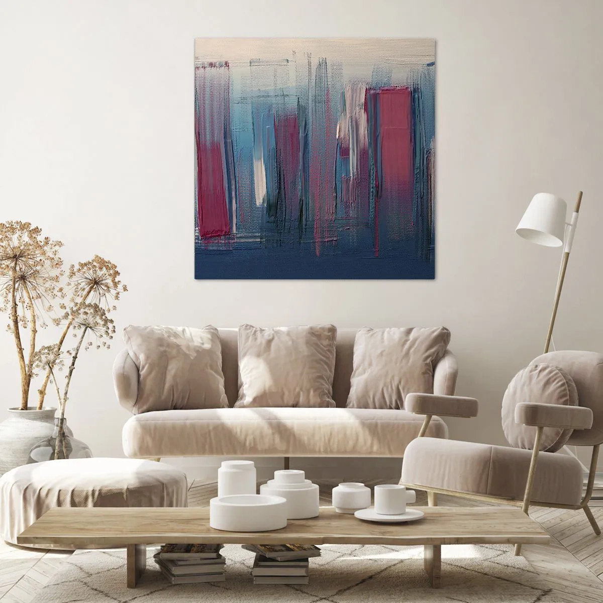 Quadro su tela - Stampe su Tela - Composizione verticale in blu e rosso - 30x30 cm
