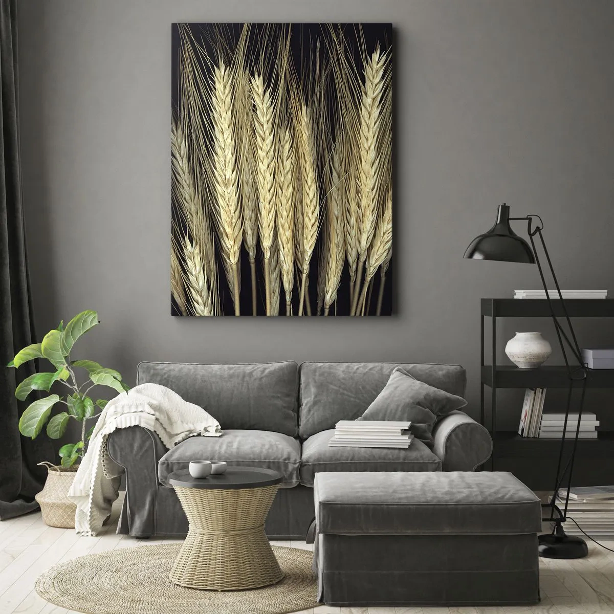 Quadro su tela - Stampe su Tela - Spighe di grano su sfondo nero in stile rustico - 50x70cm - Magia rustica - Decorazione murale moderna per soggiorno e camera da letto ARTTOR