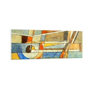 Quadro su vetro - Astrazione geometrica nei toni del beige, blu e arancione - 140x50cm - Cubismo in cantiere - Decorazione murale moderna per soggiorno e camera da letto ARTTOR