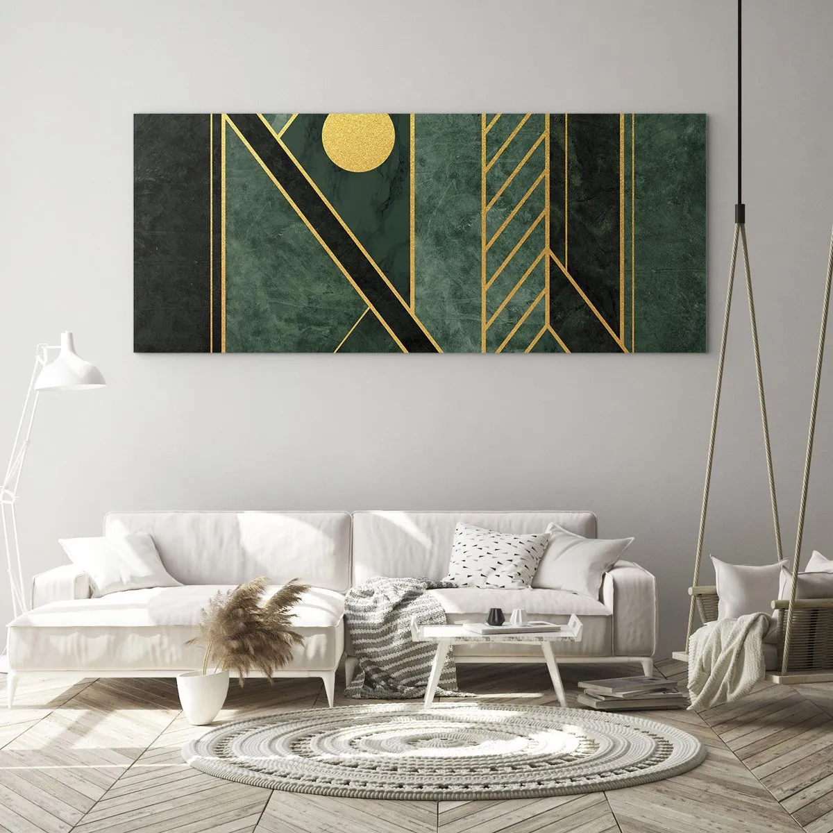 Quadro su vetro - Dinamica di oro e azzurro - 100x40 cm