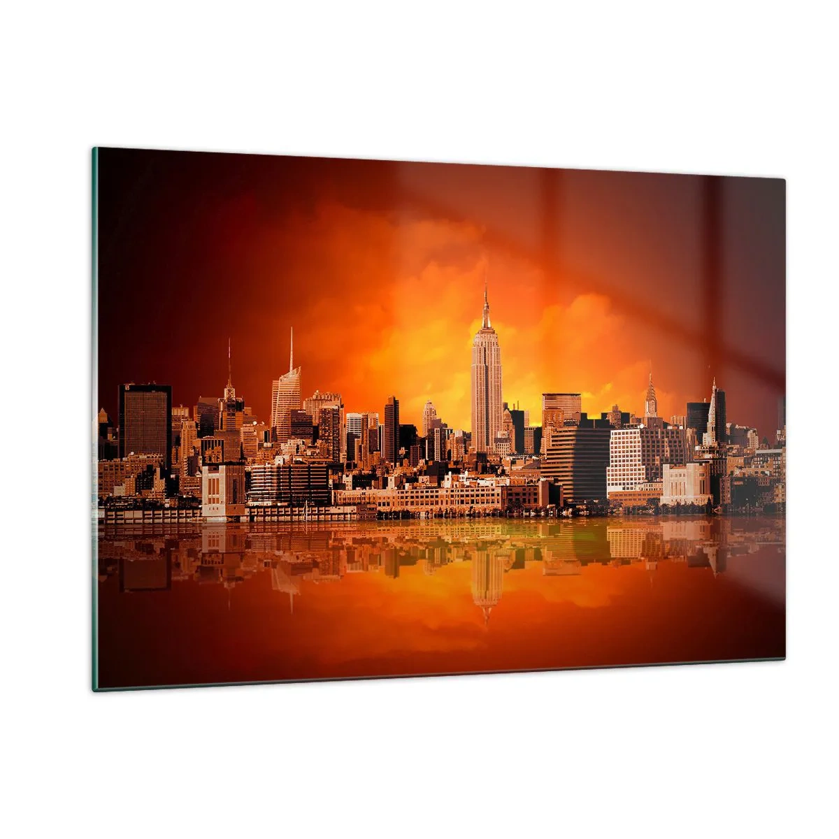 Quadro su vetro - Panorama della città al tramonto - 120x80cm - Panorama di grande città in giallo e marrone - Decorazione murale moderna per soggiorno e camera da letto ARTTOR