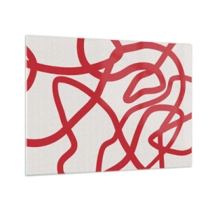 Quadro su vetro - Linee rosse che turbinano dinamicamente su uno sfondo bianco - 70x50cm - Rosso su bianco - Decorazione murale moderna per soggiorno e camera da letto ARTTOR