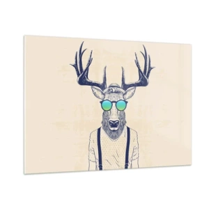 Quadro su vetro - Un elegante cervo con occhiali da sole su uno sfondo chiaro - 100x70cm - E chi ti aspettavi? - Decorazione murale moderna per soggiorno e camera da letto ARTTOR