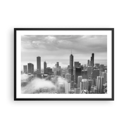 Poster in cornice nera - Panorama della città con grattacieli tra le nuvole in bianco e nero - 70x50cm - Paesaggio americano - Decorazione murale moderna per soggiorno e camera da letto ARTTOR